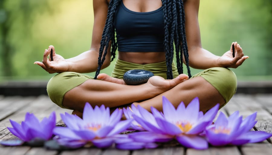 Person practicing meditation and mindfulness in peaceful home setting