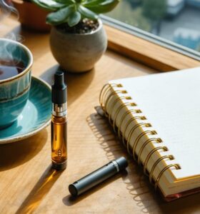 THCa vape pen and cartridge on a wooden table next to a steaming mug and open journal, with a softly blurred Canadian city skyline and trees visible through a window.