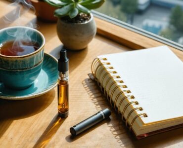 THCa vape pen and cartridge on a wooden table next to a steaming mug and open journal, with a softly blurred Canadian city skyline and trees visible through a window.