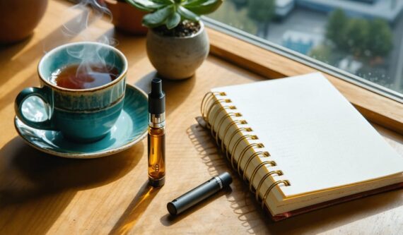 THCa vape pen and cartridge on a wooden table next to a steaming mug and open journal, with a softly blurred Canadian city skyline and trees visible through a window.