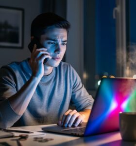 Young adult at a desk at night, holding a phone to their ear as a laptop’s colorful gambling glow lights their face, with warm lamplight and a softly blurred apartment background suggesting a hopeful, calm moment.