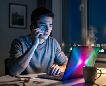 Young adult at a desk at night, holding a phone to their ear as a laptop’s colorful gambling glow lights their face, with warm lamplight and a softly blurred apartment background suggesting a hopeful, calm moment.