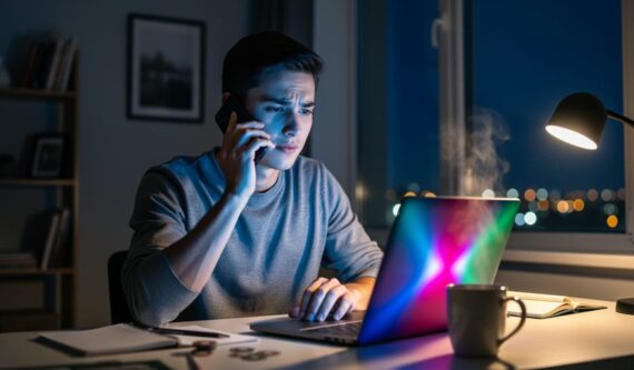 Young adult at a desk at night, holding a phone to their ear as a laptop’s colorful gambling glow lights their face, with warm lamplight and a softly blurred apartment background suggesting a hopeful, calm moment.