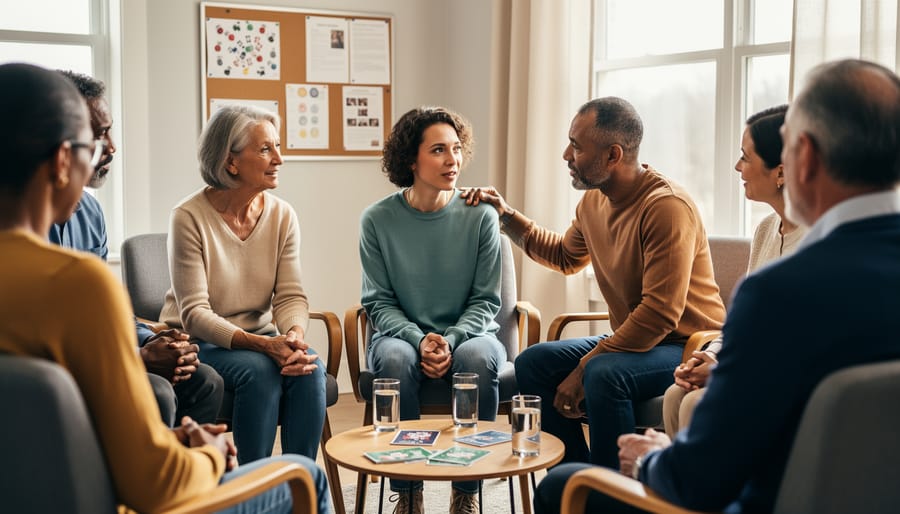 Diverse group of hands joining together in a supportive circle
