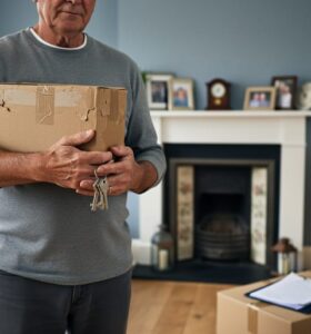 Eye-level view of an adult holding a cardboard box with keepsakes and dangling house keys in a softly lit, partially packed UK living room, with a blurred mantel of family photos and boxes in the background.