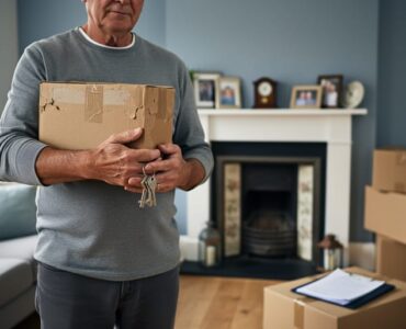 Eye-level view of an adult holding a cardboard box with keepsakes and dangling house keys in a softly lit, partially packed UK living room, with a blurred mantel of family photos and boxes in the background.