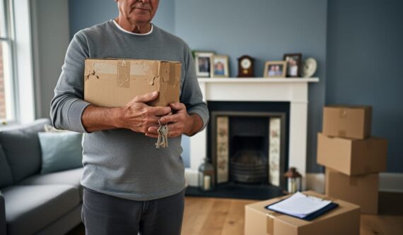 Eye-level view of an adult holding a cardboard box with keepsakes and dangling house keys in a softly lit, partially packed UK living room, with a blurred mantel of family photos and boxes in the background.