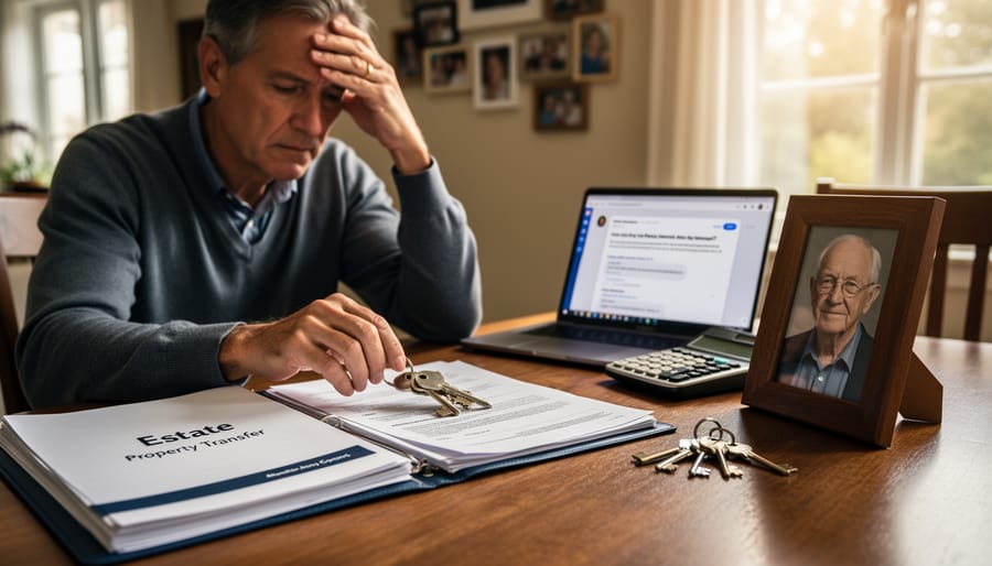 Person sitting at table surrounded by estate documents in inherited family home
