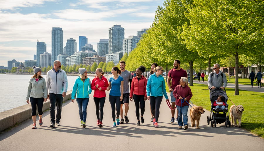 Diverse group of people walking together on urban trail at sunrise