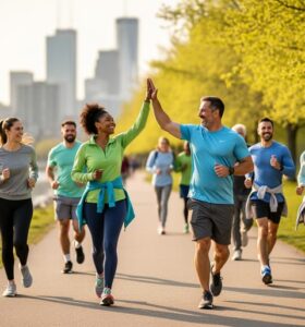 Diverse adults jogging and walking together on a sunny spring evening along a riverside park path, exchanging a high-five, with trees, water, and a soft city skyline in the background.