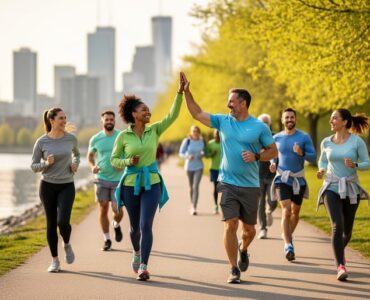 Diverse adults jogging and walking together on a sunny spring evening along a riverside park path, exchanging a high-five, with trees, water, and a soft city skyline in the background.