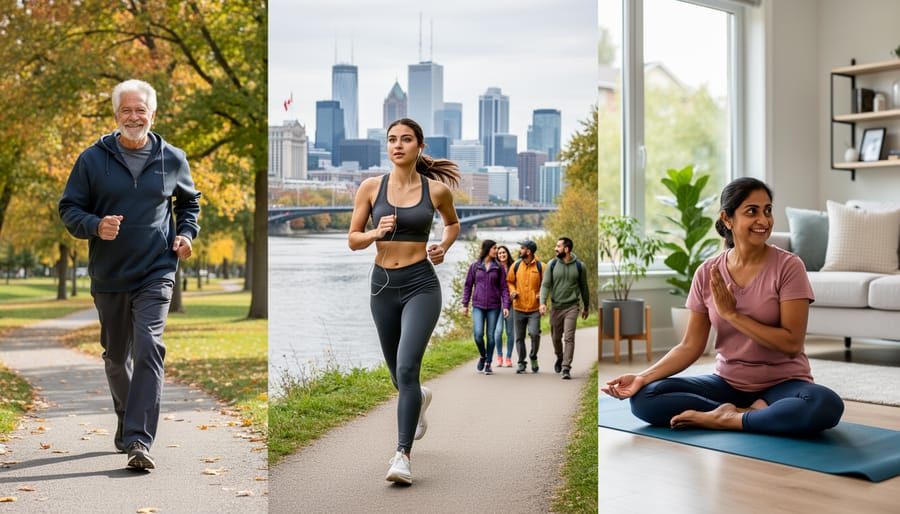 Person smiling while stretching outdoors in park setting