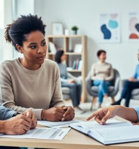 Clinicians in a bright clinic discussing mental health training materials with one person pointing to a workbook while others listen in a supportive setting.