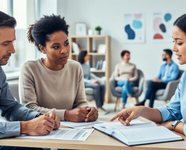 Clinicians in a bright clinic discussing mental health training materials with one person pointing to a workbook while others listen in a supportive setting.