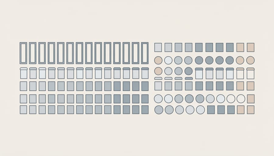 Close-up of tense hands arranging identical small objects in a neat stack