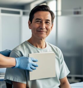 Clinician’s gloved hand holding a confidential legal document folder in a hospital room while a patient sits nearby, representing consent and rights under Canada’s Mental Health Act.