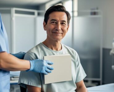 Clinician’s gloved hand holding a confidential legal document folder in a hospital room while a patient sits nearby, representing consent and rights under Canada’s Mental Health Act.
