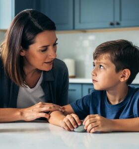 A parent supports their child at a kitchen table in a calm home setting, representing guidance while distinguishing OCD from anxiety.
