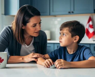 A parent supports their child at a kitchen table in a calm home setting, representing guidance while distinguishing OCD from anxiety.
