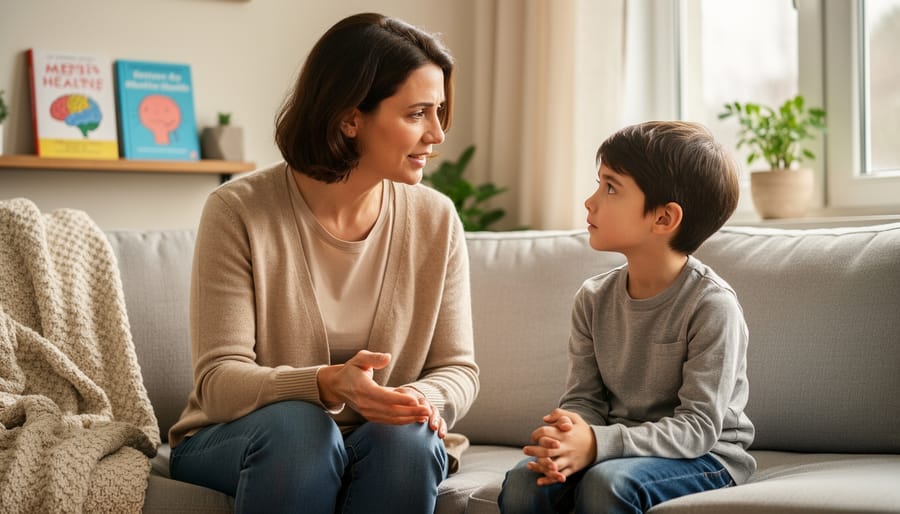 Parent and child sitting together at a kitchen table with a notebook, looking concerned but supported
