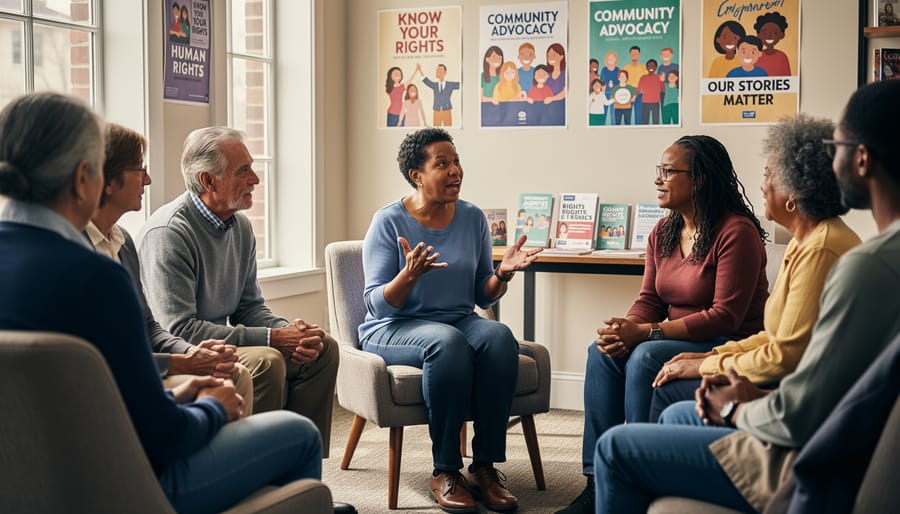 Peer support conversation in a community setting with two people speaking and listening