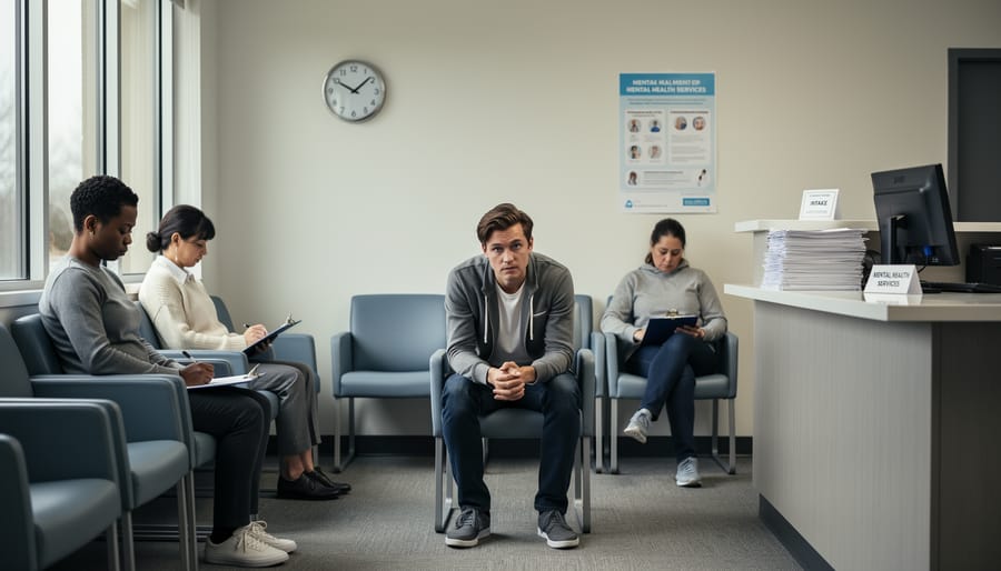 Person seated in a quiet hospital waiting room holding a notebook, looking toward a window