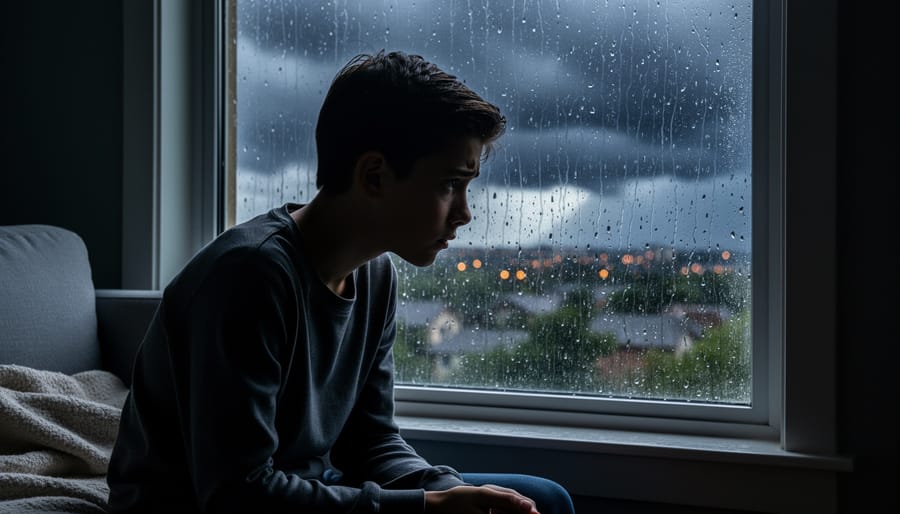 Rain-streaked window at dusk with a warm lamp glow inside, suggesting persistent worry