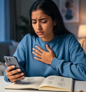 Person at home looking thoughtfully while holding a phone and journal, representing anxiety and seeking culturally relevant mental health support.