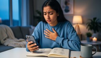 Person at home looking thoughtfully while holding a phone and journal, representing anxiety and seeking culturally relevant mental health support.