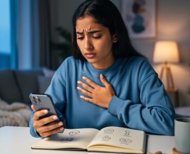 Person at home looking thoughtfully while holding a phone and journal, representing anxiety and seeking culturally relevant mental health support.
