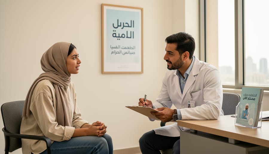Therapist and Arabic-speaking family member conversing in a bright clinic hallway