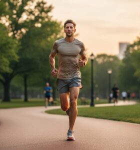 Adult jogging in a green park at sunrise, conveying calm focus and mental health benefits of exercise