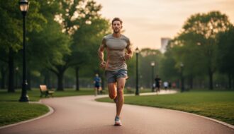 Adult jogging in a green park at sunrise, conveying calm focus and mental health benefits of exercise
