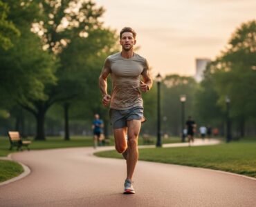 Adult jogging in a green park at sunrise, conveying calm focus and mental health benefits of exercise