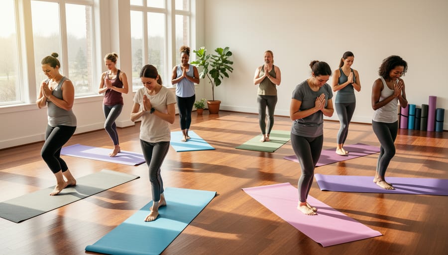 People practicing gentle yoga in a community studio, with warm light and potted plants in the background.