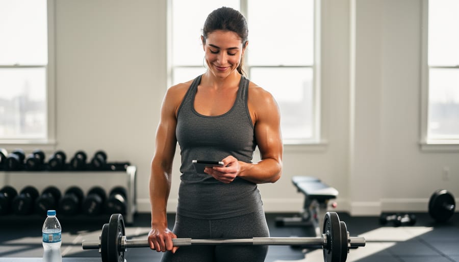 Close-up of hands gripping dumbbells on a gym floor with blurred workout space in the background.