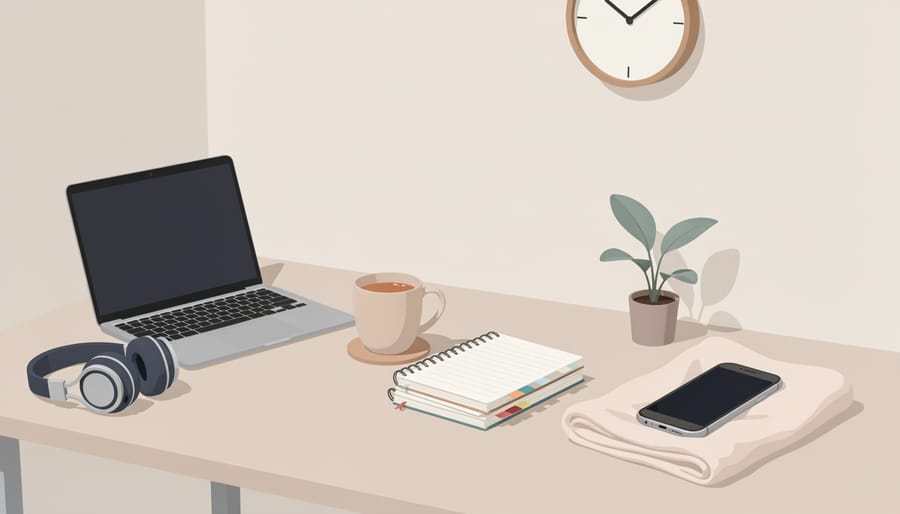 Open notebook and tea on a wooden table with a stress-relief item, in a calm home setting