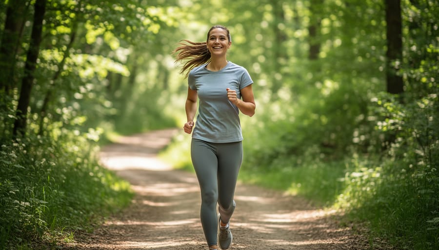 Person briskly walking along a park path in Canada with trees in the background.