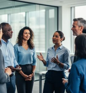 Diverse coworkers meeting in a modern office, with one person speaking and others listening attentively in a supportive atmosphere.