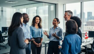 Diverse coworkers meeting in a modern office, with one person speaking and others listening attentively in a supportive atmosphere.