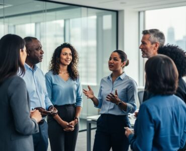 Diverse coworkers meeting in a modern office, with one person speaking and others listening attentively in a supportive atmosphere.