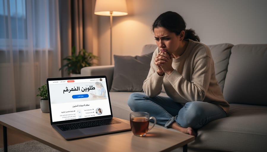 Arabic-speaking woman sitting on a couch holding a smartphone in a calm, softly lit living room
