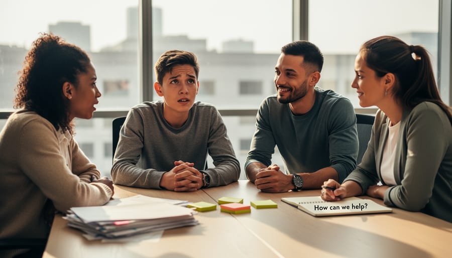 Employee appears stressed at a desk while a manager offers supportive attention in the background.