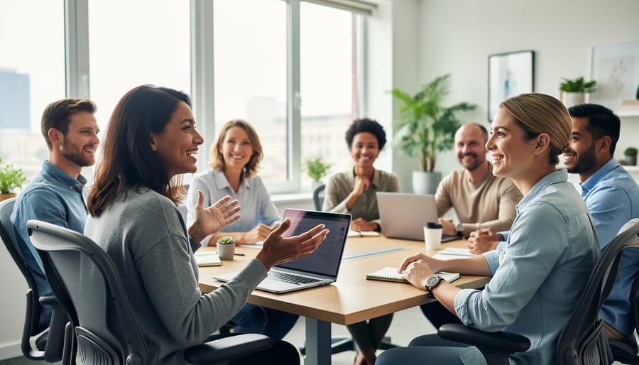 Diverse coworkers listen during a meeting while one person raises a hand to speak.