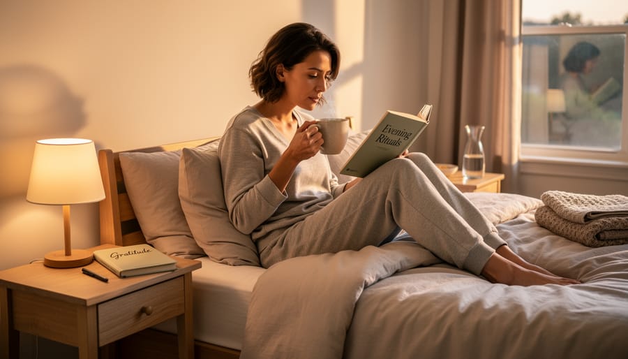 Person relaxing on the bed in a softly lit bedroom, phone face-down