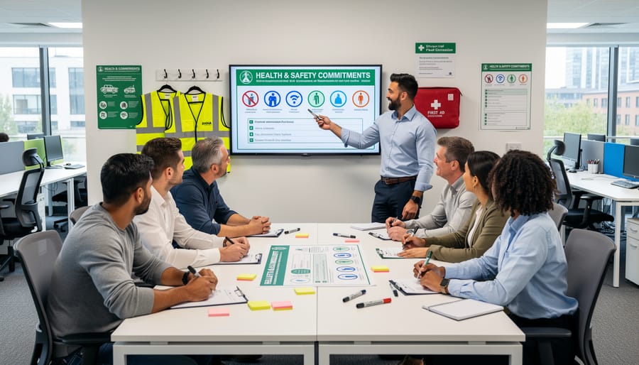 Diverse coworkers seated around a table in a meeting room discussing workplace safety policy.