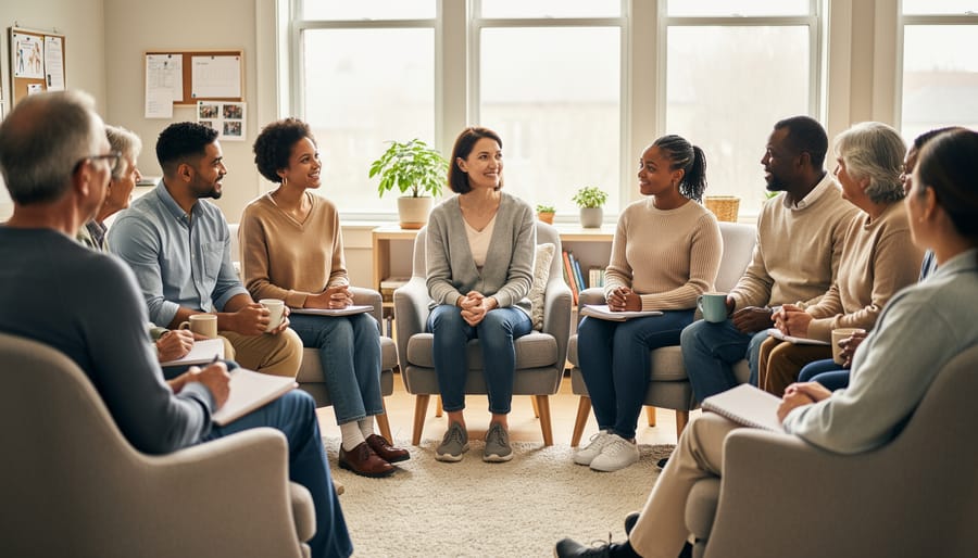 Diverse group of adults sitting together and listening in a calm indoor setting
