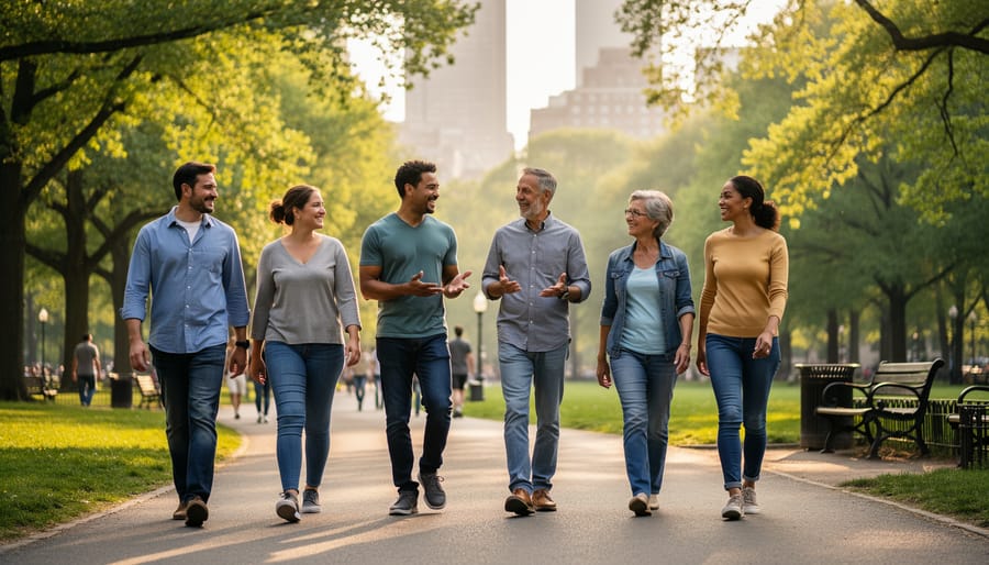 Group of people walking together in a park during golden hour
