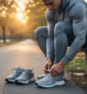 Person in casual workout clothes tying shoelaces on a park path at sunrise, ready to take a walk for mental wellbeing.