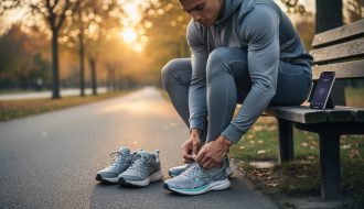 Person in casual workout clothes tying shoelaces on a park path at sunrise, ready to take a walk for mental wellbeing.